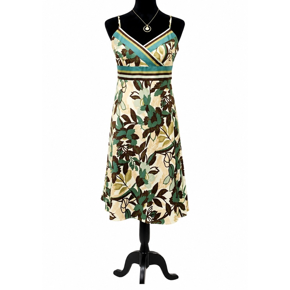 Ann Taylor Womens A-Line Dress Petite Sz 8P White Green Floral Print Fully Lined